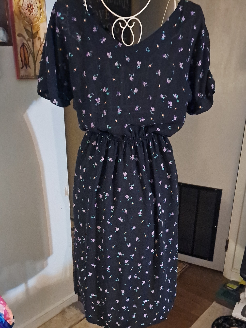 Vintage Jody Sheer Black Floral Dress With Back Buttons, Size M
